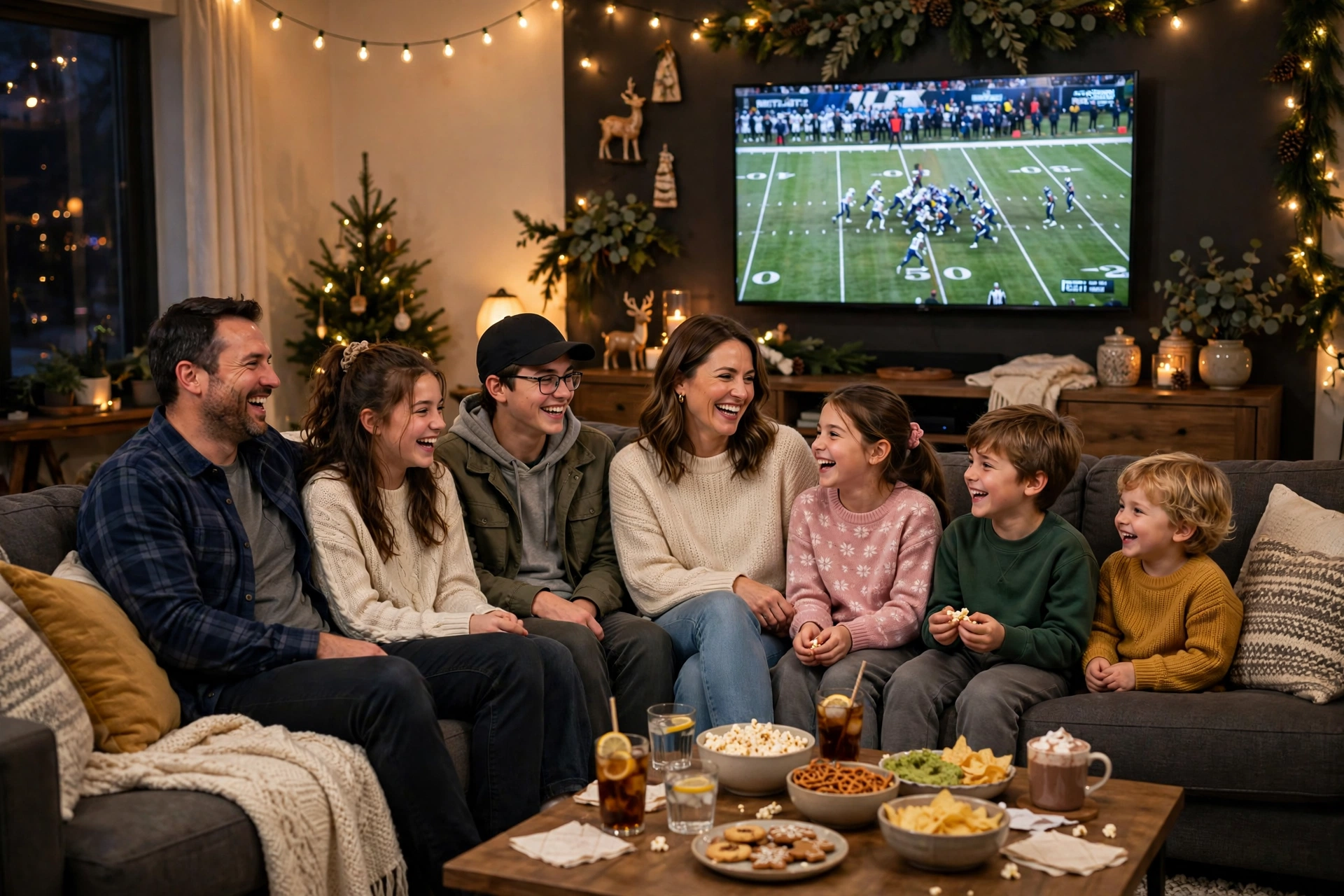 Family of seven seated on a U shaped sectional sofa during a holiday gathering