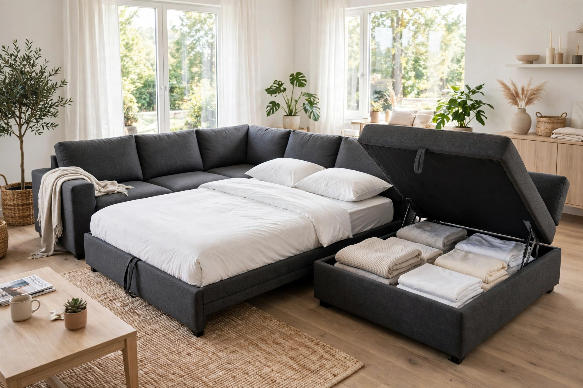 Pull out couch bed extended on a U shaped sectional sofa with bedding stored in the chaise