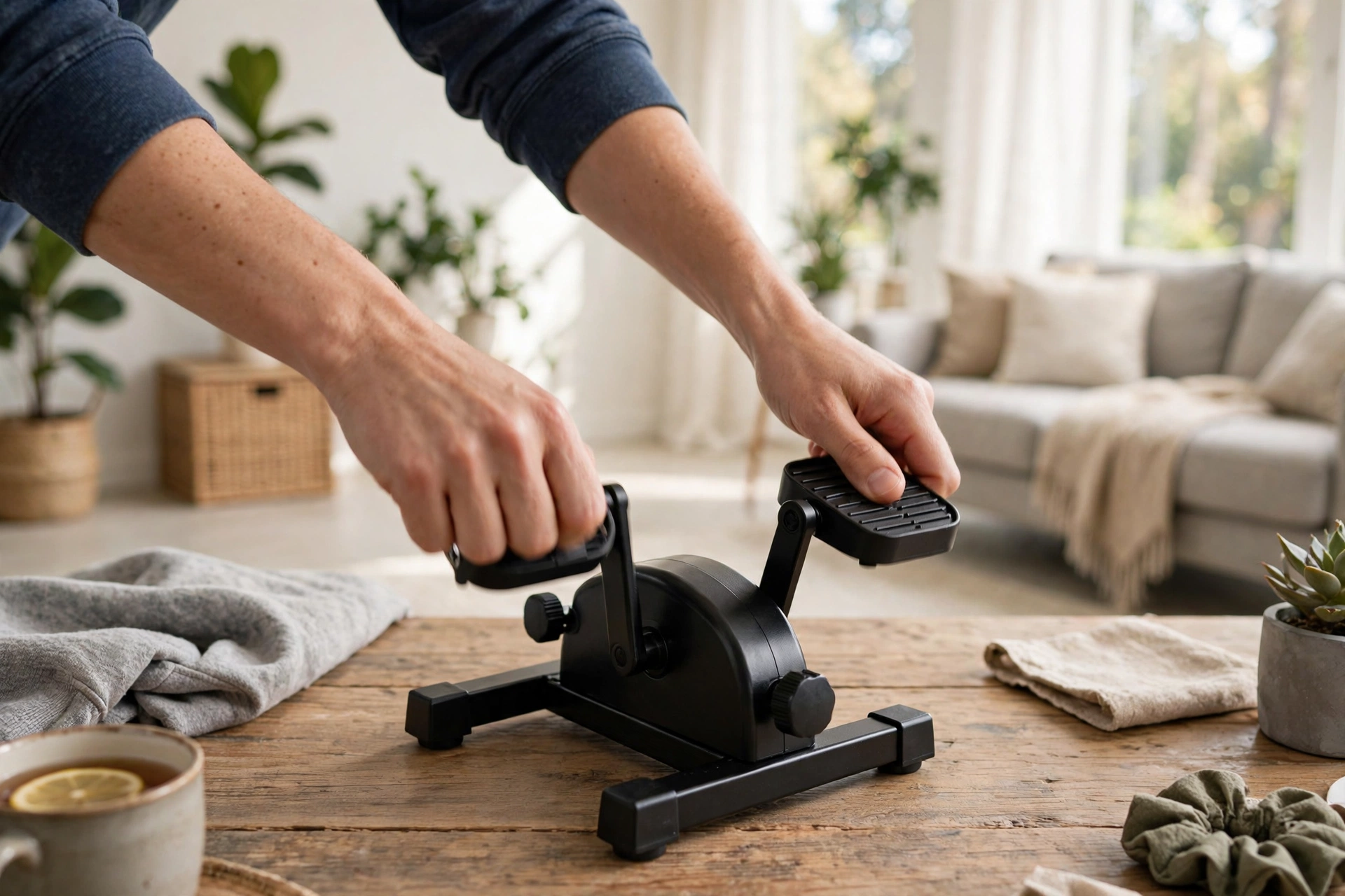 Using an under desk pedal exerciser on a table for upper body arm workout