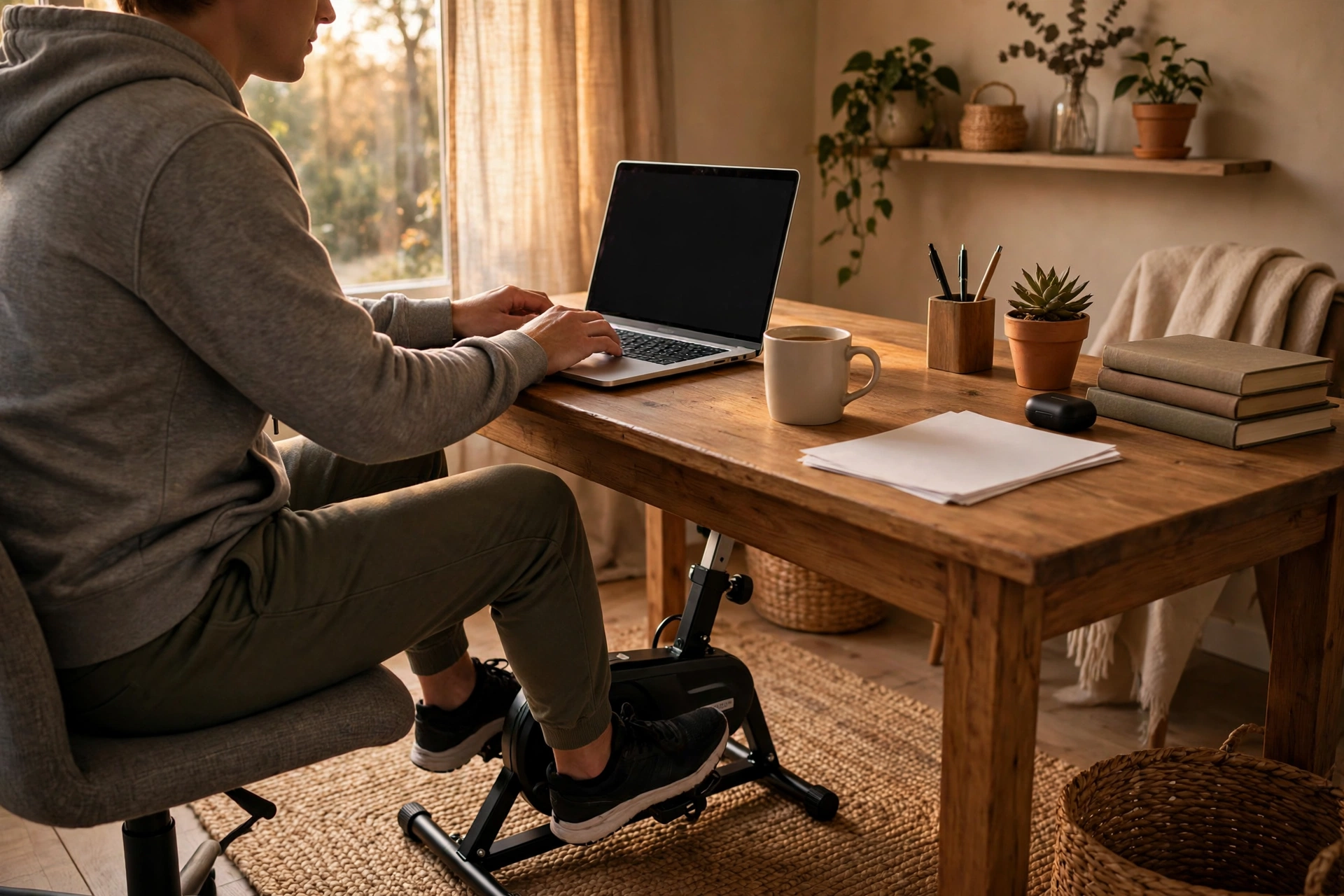Man pedaling an under desk pedal exerciser while working at a home office desk