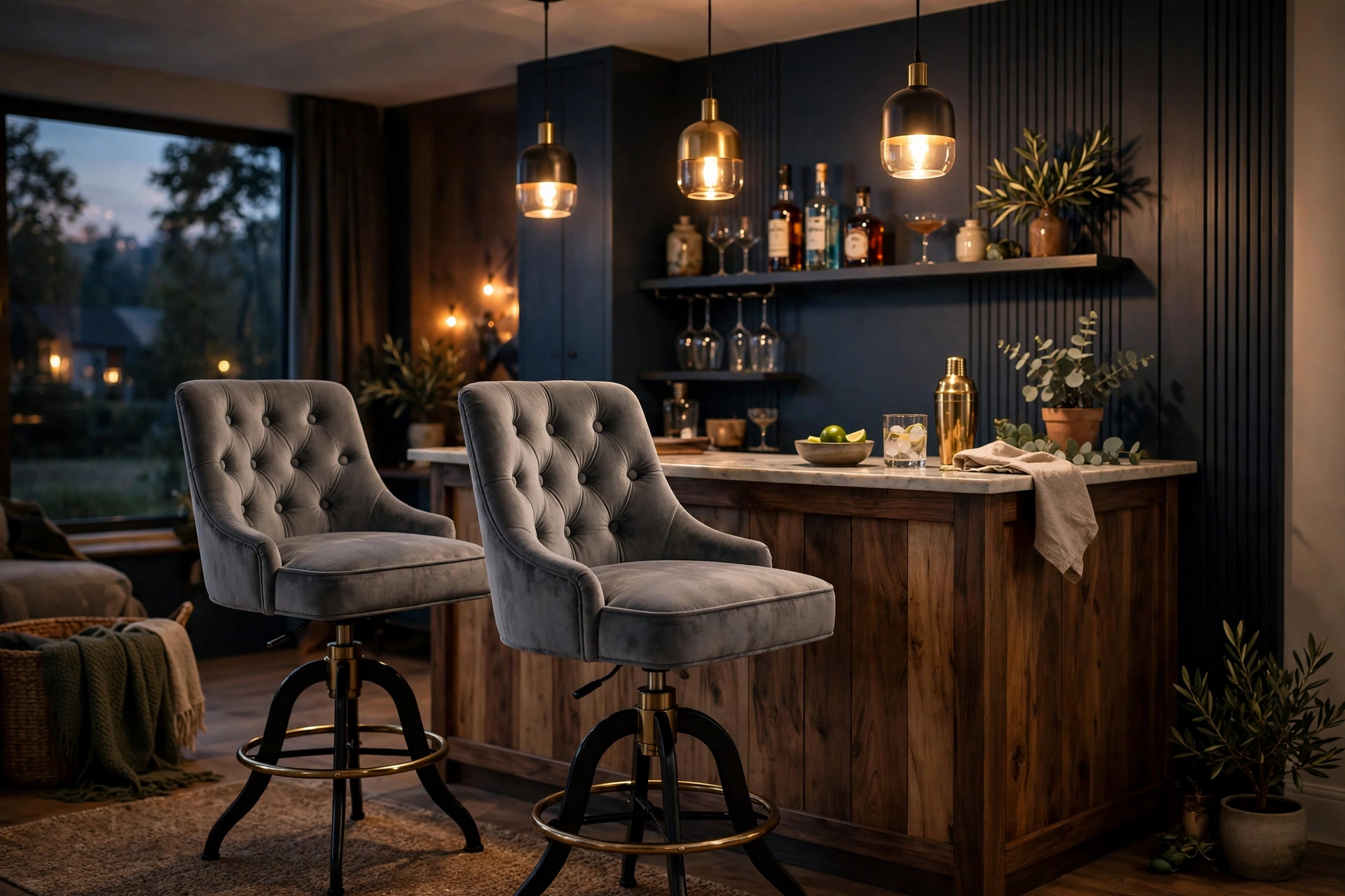 Velvet swivel bar stools at a home bar in the evening
