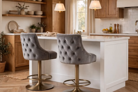 Gray velvet swivel bar stools with button tufting at a kitchen island