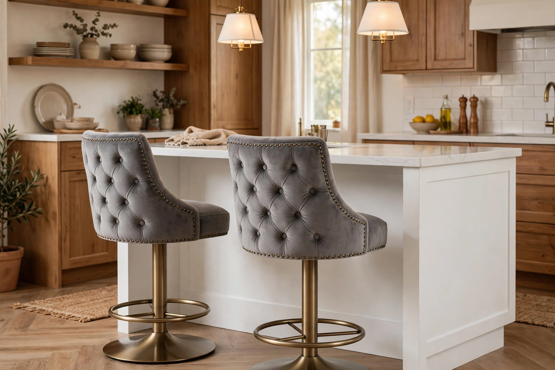 Gray velvet swivel bar stools with button tufting at a kitchen island