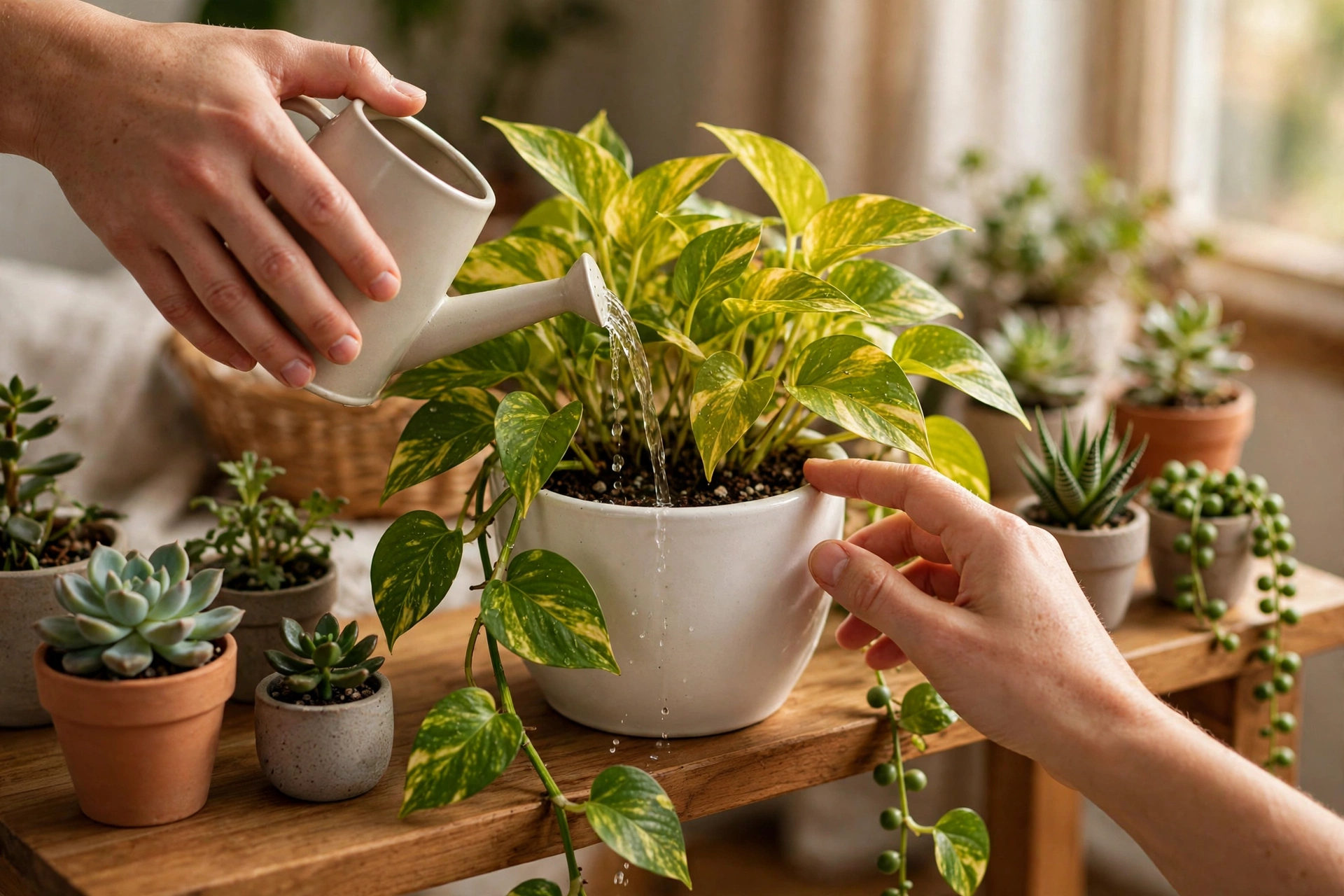 Watering a golden pothos on a wooden indoor plant stand shelf