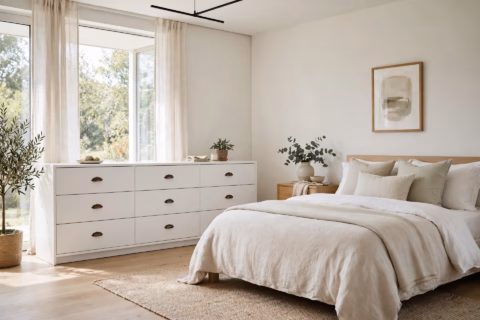 White 9 drawer dresser with antique handles in a bright bedroom