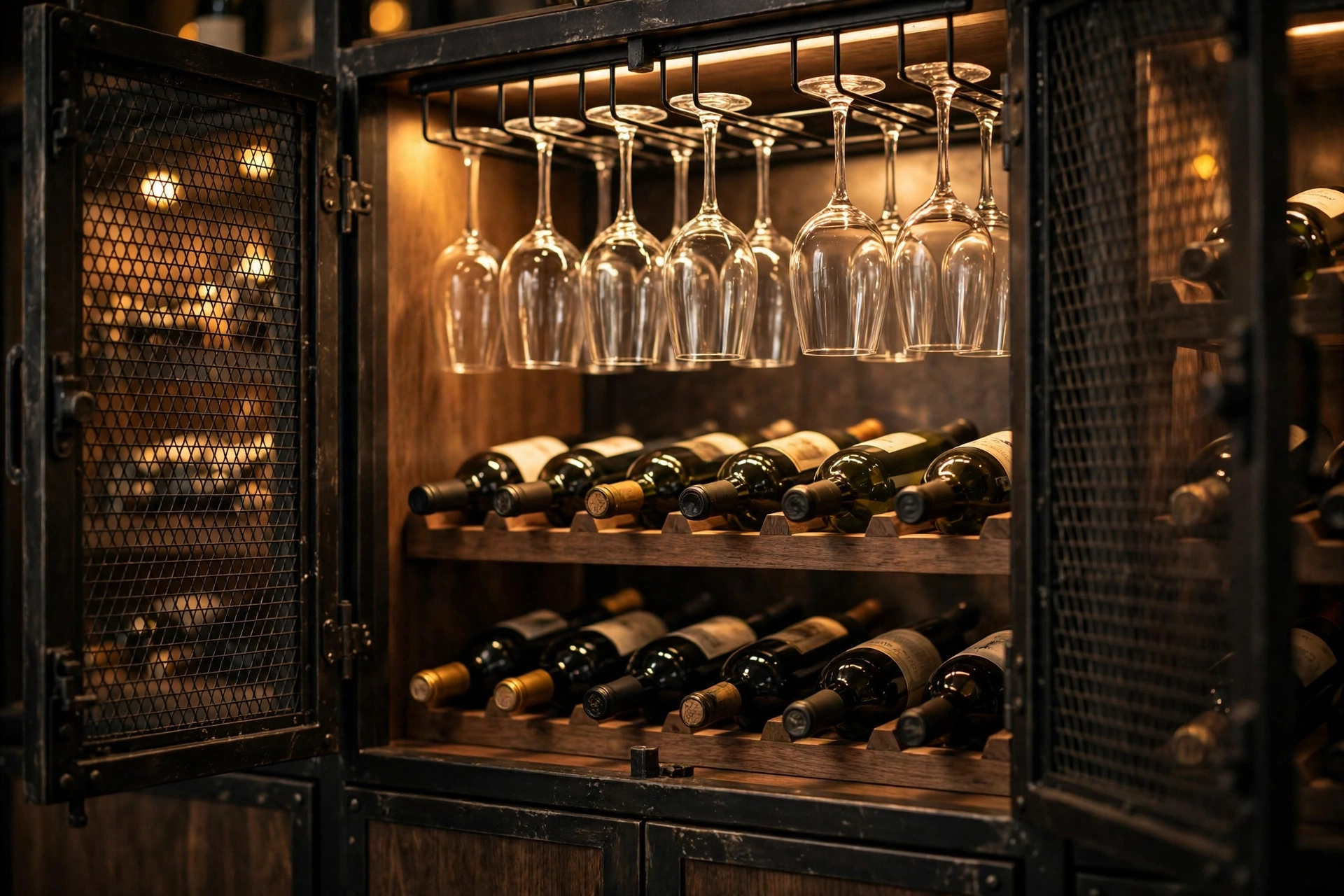Interior light and stemware hanger inside a wine bar cabinet with wine glasses