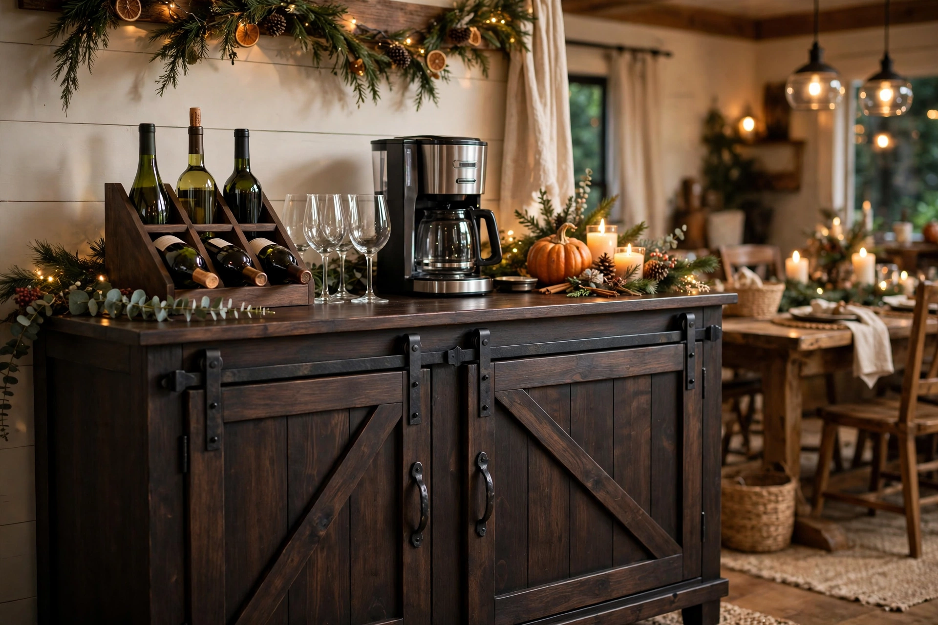 Wine bar sideboard cabinet styled as a holiday drink station with wine rack