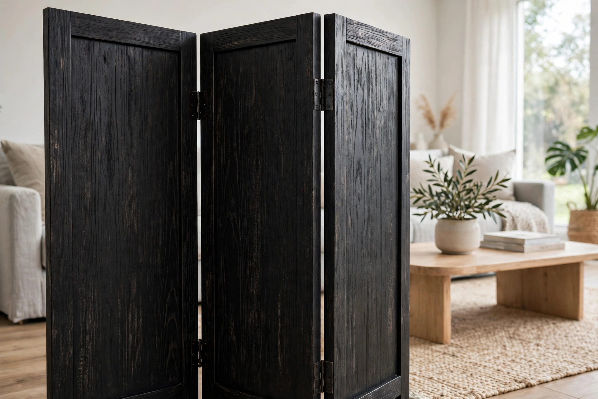 Close-up of the folding hinges on a 6ft wood room divider with natural wood grain