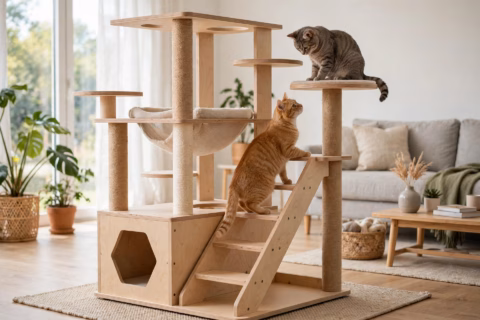 Wooden cat tower with two cats climbing its platforms in a bright living room