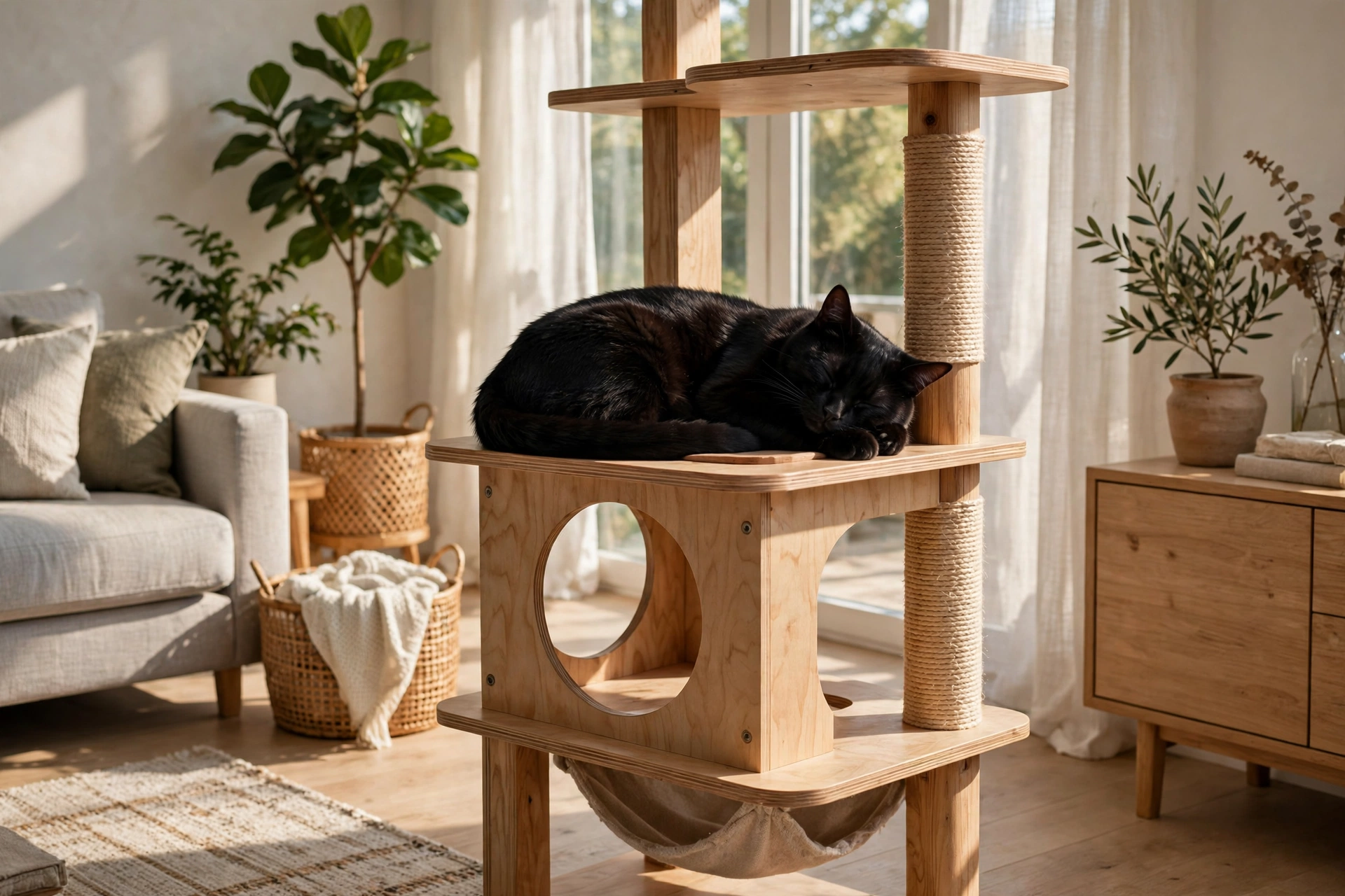 Cat napping on a wooden cat tower platform in sunlight