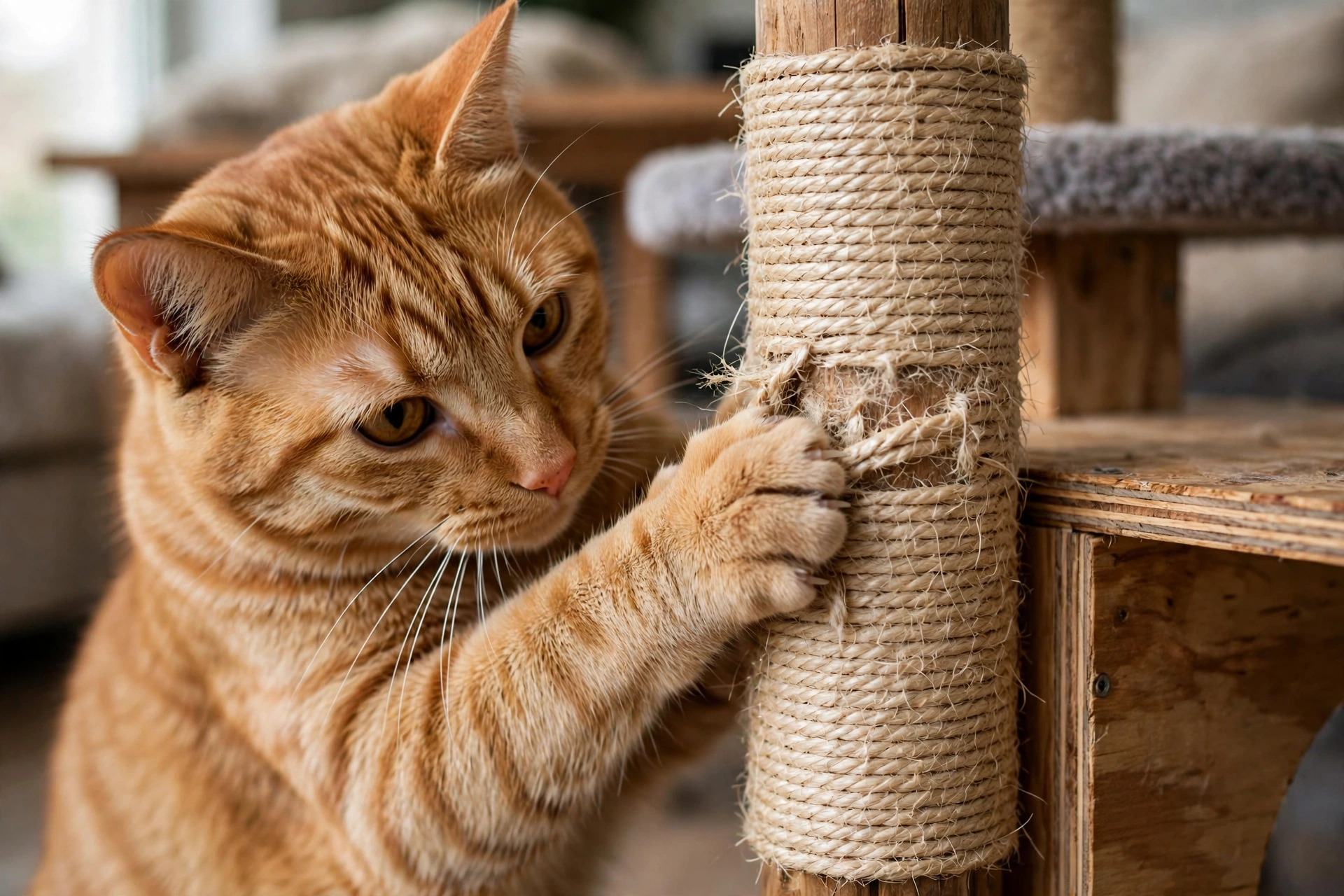Cat scratching a sisal scratching post on a wooden cat tower