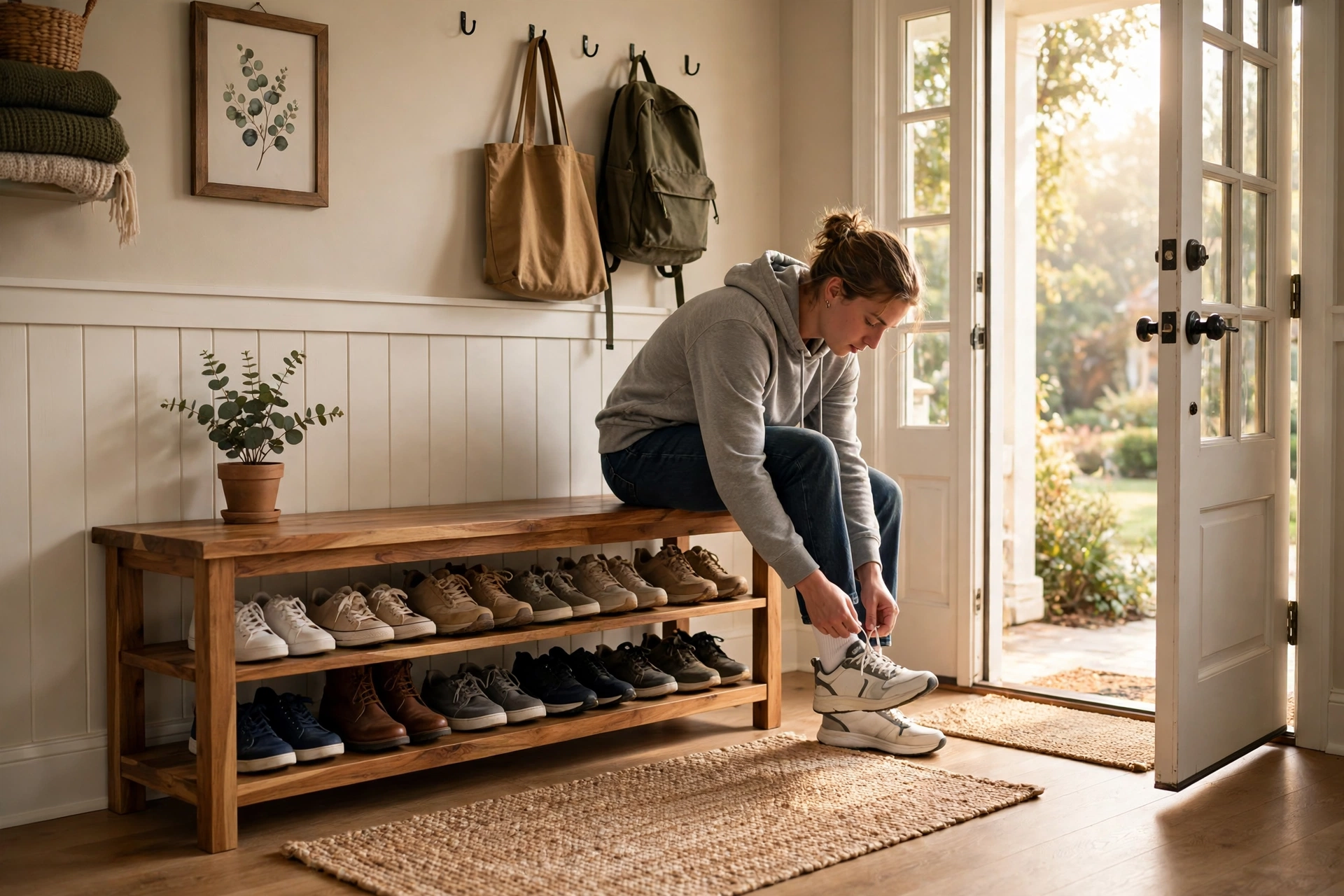 Wooden shoe rack bench in a bright American entryway