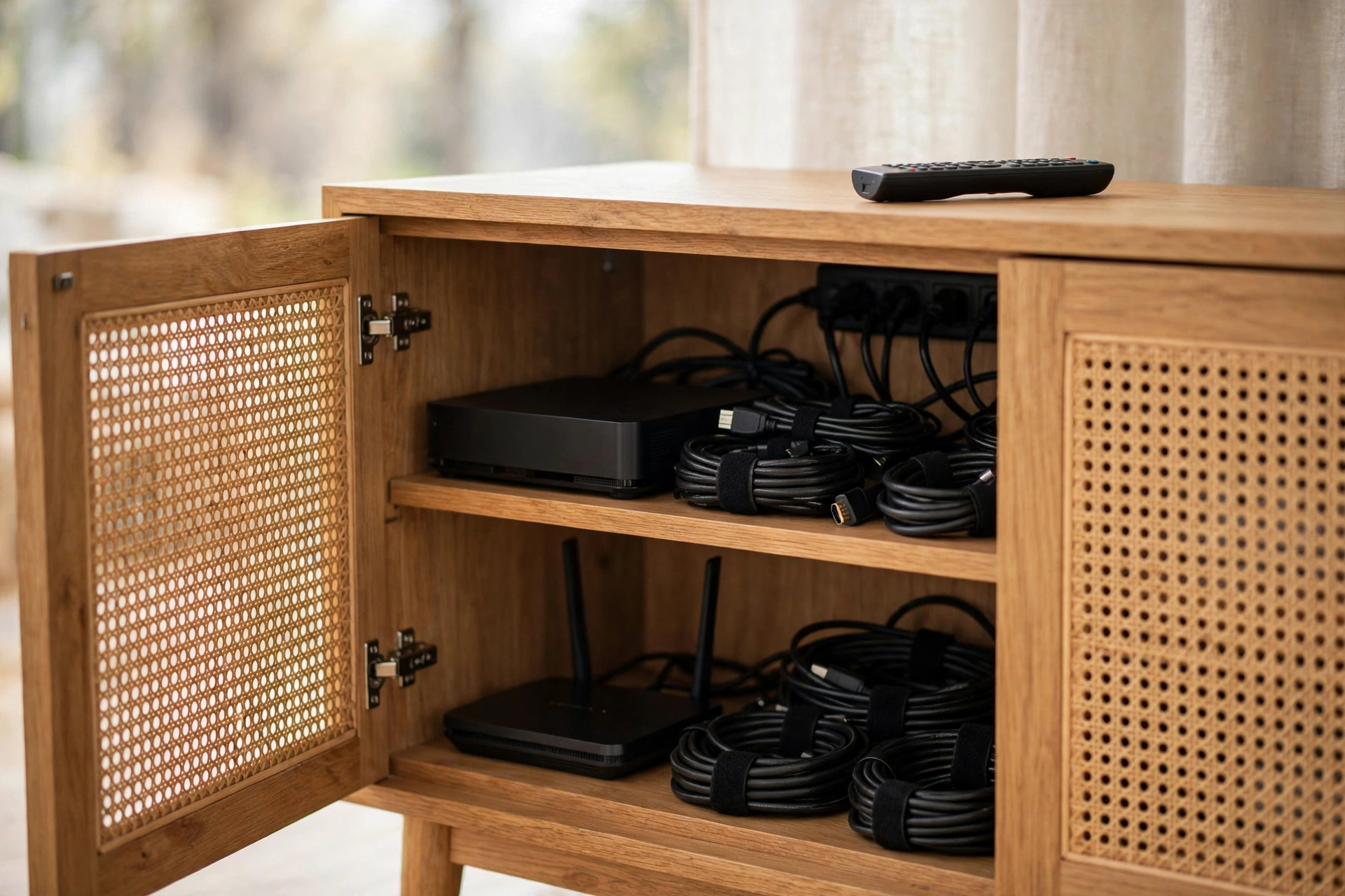 Wooden TV stand with storage — rattan door hiding cables and electronics