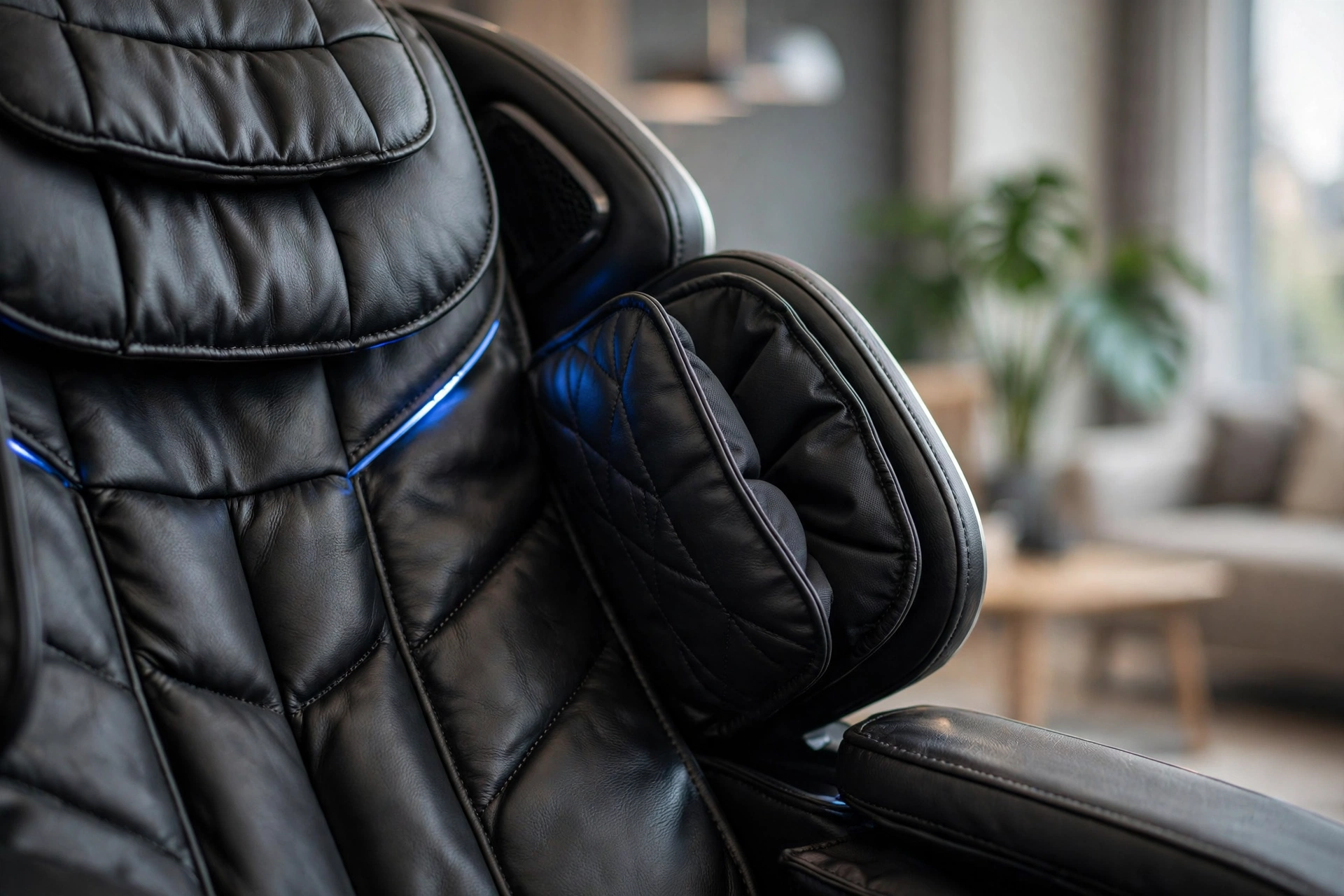 Detail of zero gravity massage chair airbag padding and LED accent