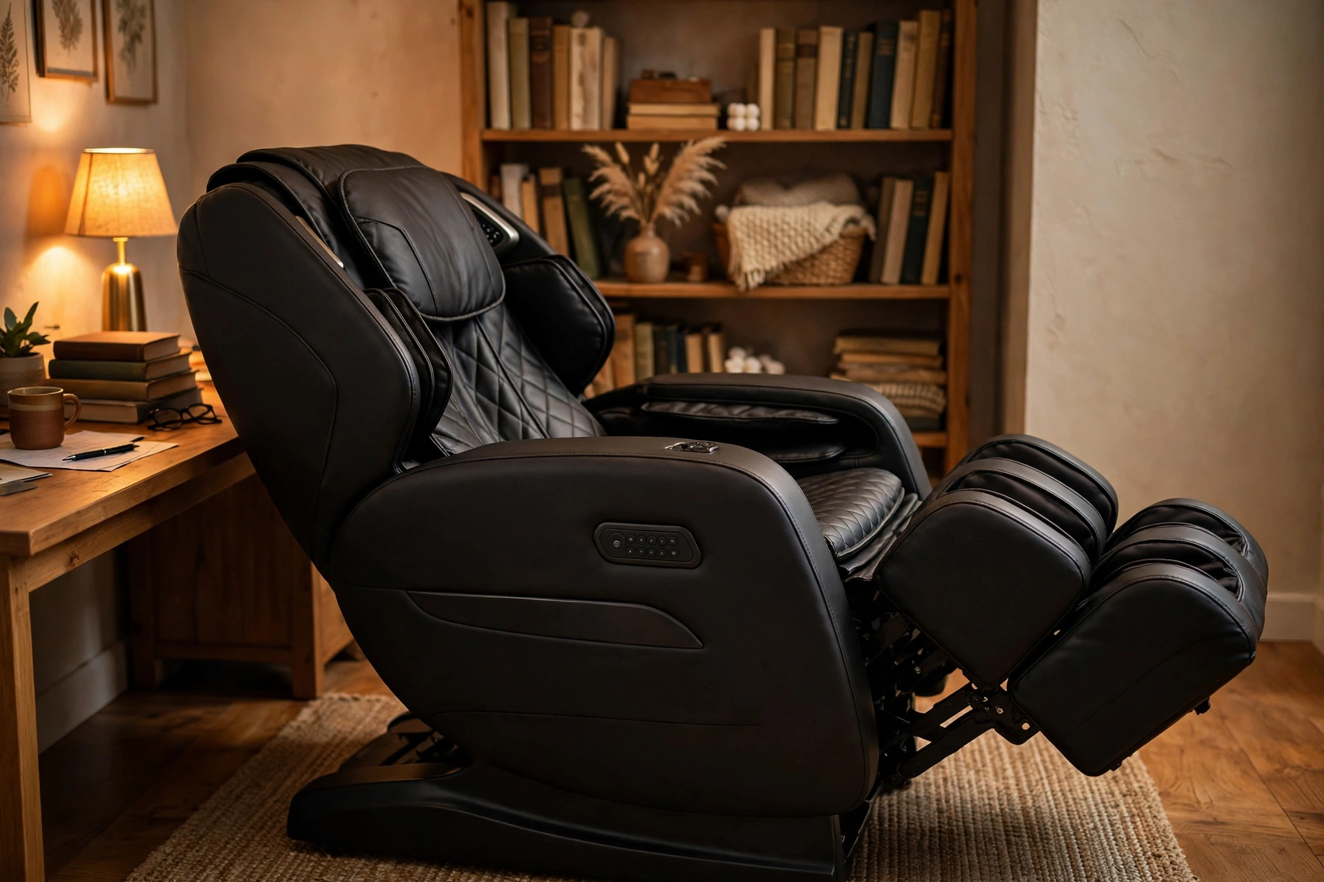 Zero gravity massage chair reclined in a cozy home office corner with warm lamplight