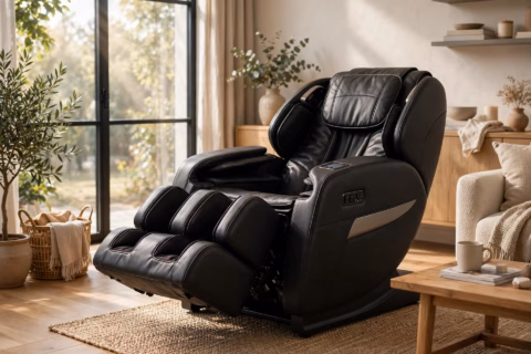 Zero gravity massage chair reclined in a bright modern living room